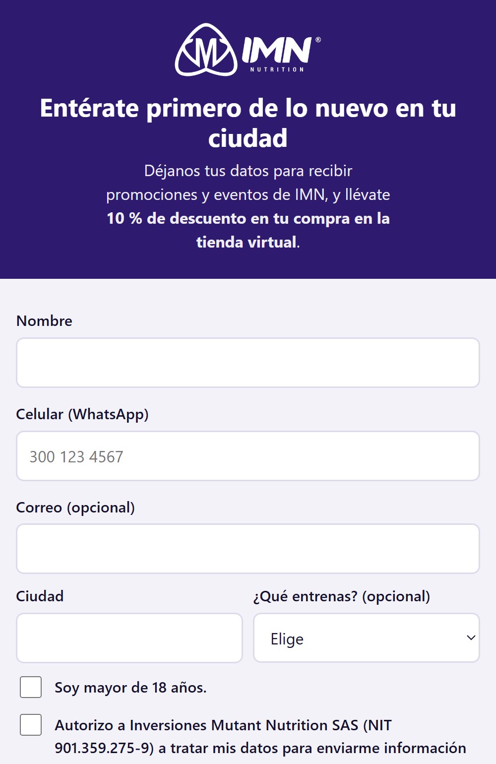 Página que abre el QR: el cliente deja nombre, celular, correo y ciudad, confirma que es mayor de edad y acepta la autorización de datos