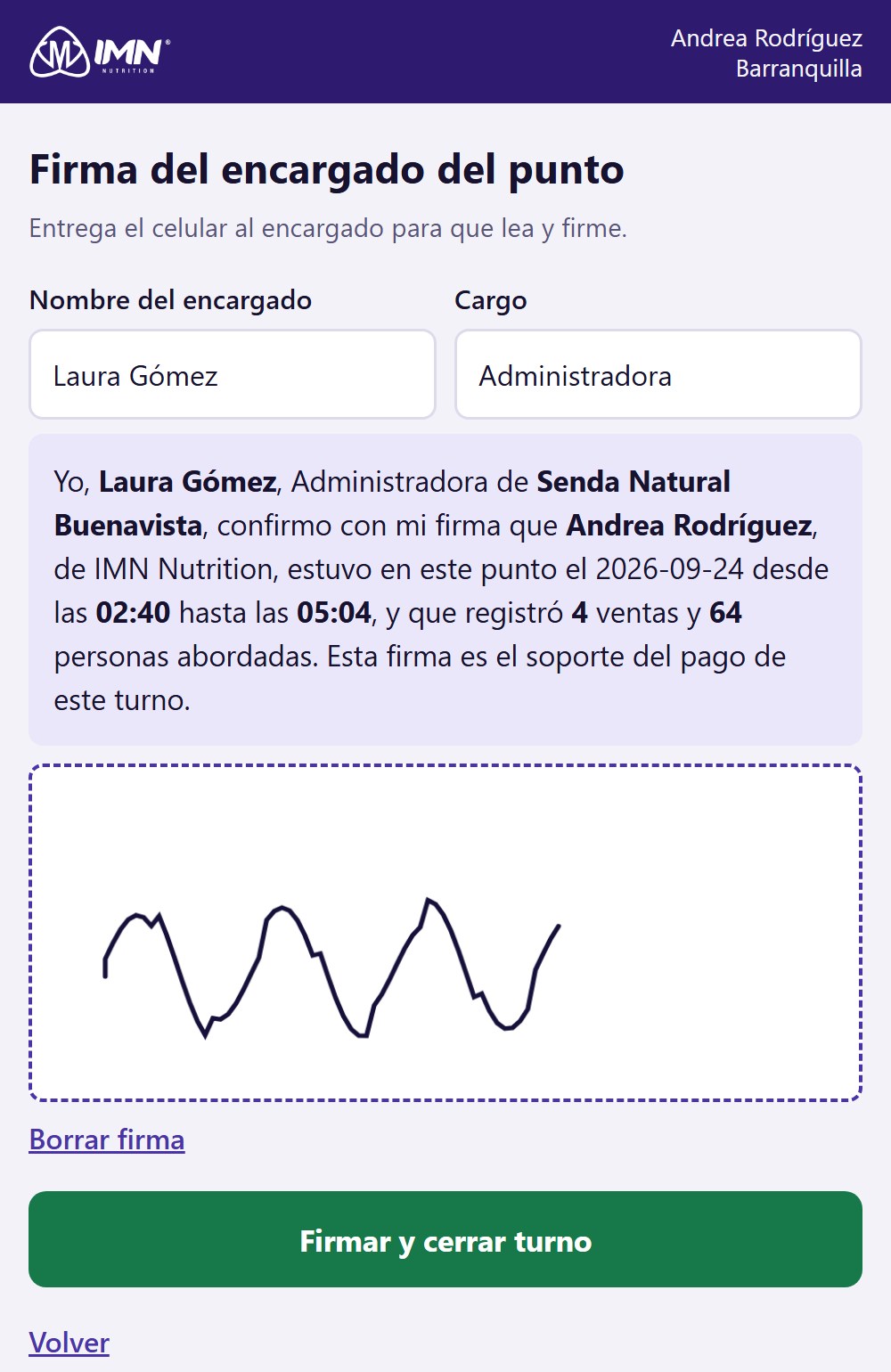 Pantalla de firma del encargado con el texto que confirma horario y ventas, y el recuadro para firmar con el dedo