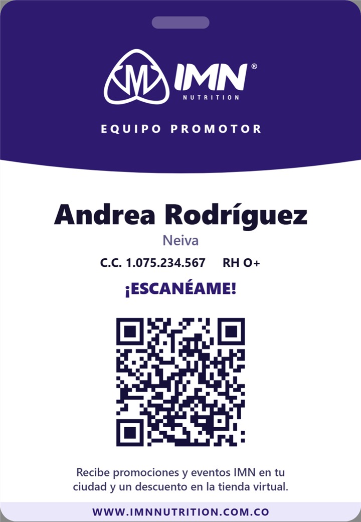 Escarapela virtual del equipo promotor IMN con logo, nombre, ciudad, el llamado ¡Escanéame! y el QR personal del promotor